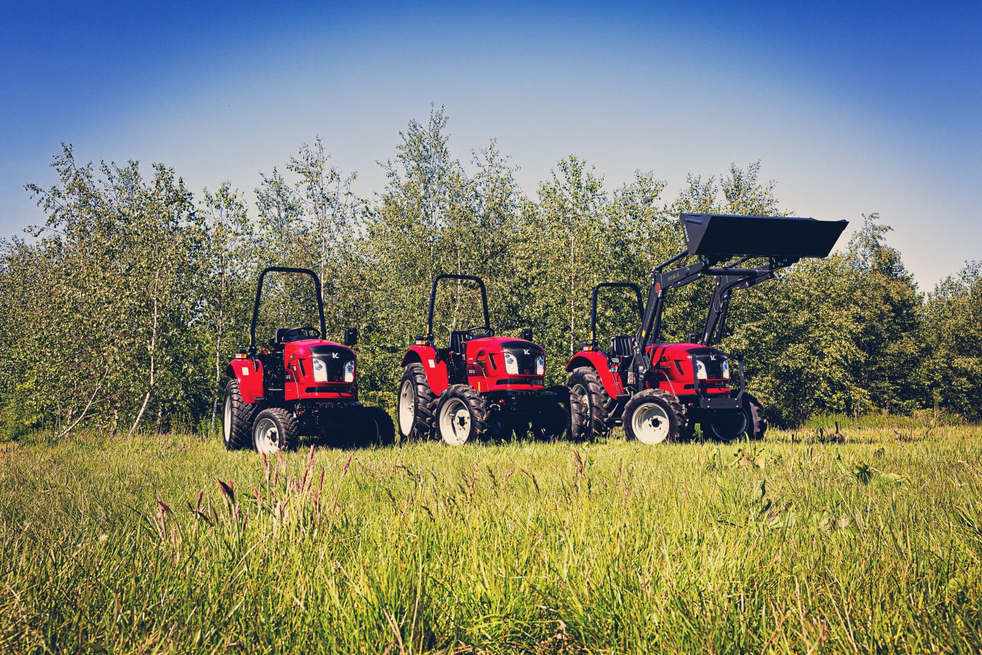 Drei rote Dieseltraktoren auf einem Feld